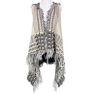 Cliche Couture Sweater Vest Womens Open Front Hoodie Fringe Boho Pockets Cozy, L